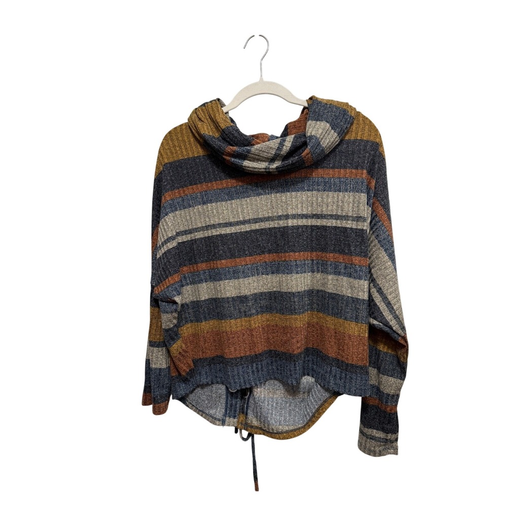 Boho Ariella Womens Striped Ribbed Cowl Neck Sweater Lace Up Back Multi‎ Color L